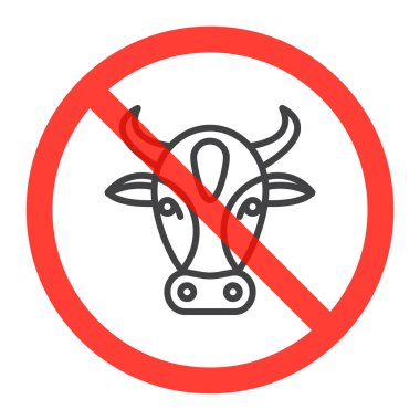 İnek zeka çizgisi simgesinde yasağı kırmızı daire, süt ve laktoz yasak işareti yasak sembolü. Vektör çizim üzerinde beyaz izole