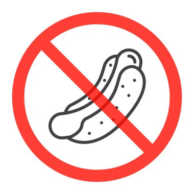 Sosisli sandviç çizgisi simgesinde yasağı kırmızı daire, lokanta yasak işareti yasak sembolü. Vektör çizim üzerinde beyaz izole