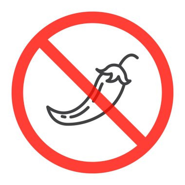 Sıcak biber çizgisi simgesinde yasağı kırmızı daire, baharatlı yiyecekler yasak işareti yasak sembolü. Vektör çizim üzerinde beyaz izole