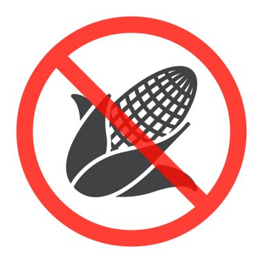 Mısır simgesi yasağı kırmızı daire, hayır yüksek fruktoz mısır şurubu yasak işareti, yasak sembolü. Vektör çizim üzerinde beyaz izole