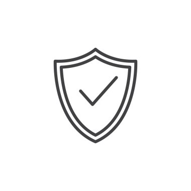 Kalkan onay işareti satırı simgesi ile vektör işareti, anahat doğrusal piktogram beyaz izole. Koruma sembol, logo illüstrasyon