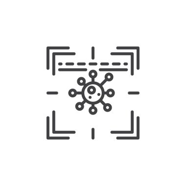 Virüs koruma tarayıcısı satırı simgesi, Anahat vektör işareti, doğrusal piktogram beyaz izole. Sembol, logo illüstrasyon