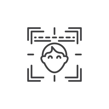 Yüz tanıma sistemi satırı simgesi, Anahat vektör işareti, doğrusal piktogram beyaz izole. Sembol, logo illüstrasyon