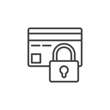 Kredi kartı kilit satırı simgesi ile anahat vektör işareti, doğrusal piktogram beyaz izole. Ödeme koruma sembol, logo illüstrasyon