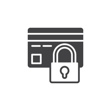 Kredi kartı ile kilit simge vektör, düz işareti, üzerinde beyaz izole katı piktogram dolu. Ödeme koruma sembol, logo illüstrasyon