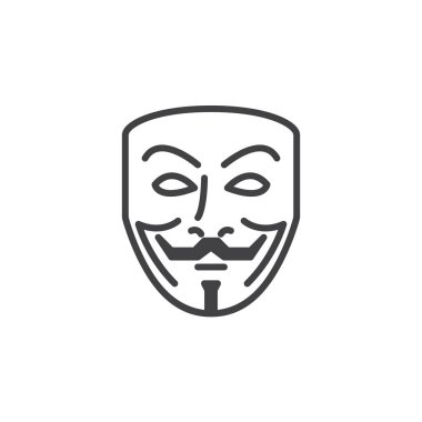 Anonim maskesi satırı simgesi, Anahat vektör işareti, doğrusal piktogram beyaz izole. Hacker sembolü, logo illüstrasyon