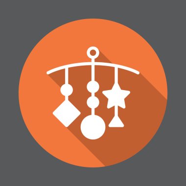 Asılı - beşik oyuncaklar düz simgesi. Renkli düğme dairesel vektör uzun gölge efekti ile oturum açın. Düz stil tasarım