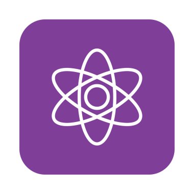 Atom düz çizgi simgesi, doğrusal vektör tabelada renkli kare düğme üzerinde beyaz izole yuvarlanır. Bilim sembolü, logo illüstrasyon. Düz tasarım, piksel mükemmel