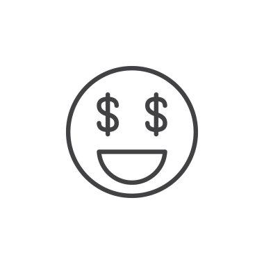 Para yüzü, gözleri dolar işareti satırı simgesi, anahat işareti, üzerinde beyaz izole doğrusal stil piktogram vektör. Sembol, logo illüstrasyon. Düzenlenebilir inme. Piksel mükemmel