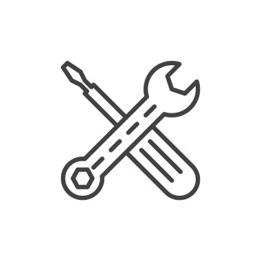 Bakım, İngiliz anahtarı ve satır kutsal kişilerin resmi, vektör işareti, anahat tornavida doğrusal stil piktogram beyaz izole. Sembol, logo illüstrasyon. Düzenlenebilir inme. Piksel mükemmel