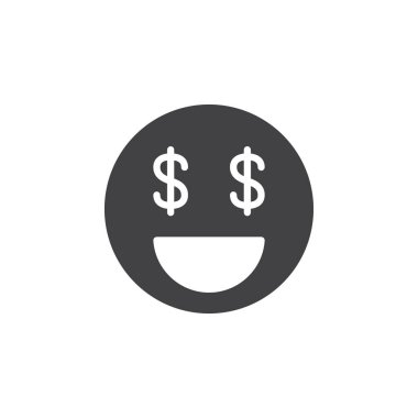 Para yüzü, dolar işareti gözleri simge vektör, düz işareti, üzerinde beyaz izole katı piktogram dolu. Sembol, logo illüstrasyon. Piksel mükemmel