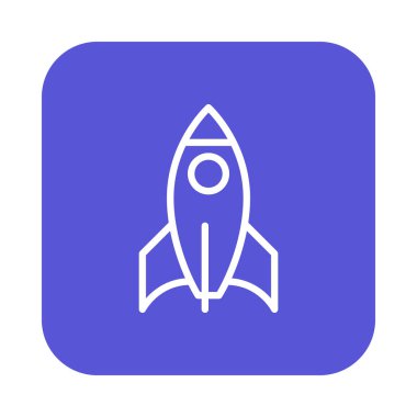 Roket düz çizgi simgesi, doğrusal vektör tabelada renkli kare düğme üzerinde beyaz izole yuvarlanır. Başlangıç sembolü, logo illüstrasyon. Düz tasarım, piksel mükemmel