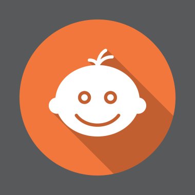 Gülümseyen bebek yüz düz simgesi. Renkli düğme dairesel vektör uzun gölge efekti ile oturum açın. Düz stil tasarım