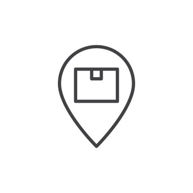 Parsel harita işaretçi satır simgesi kutusunda, vektör işareti, anahat üzerinde beyaz izole doğrusal stil piktogram. Paket konumu sembolü, logo illüstrasyon. Düzenlenebilir inme. Piksel mükemmel