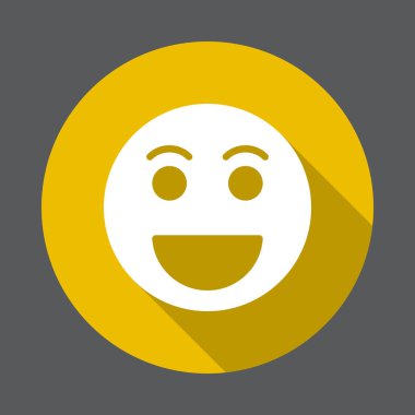 Sırıtan yüz, mutlu gülümseme emoji düz simgesi. Renkli düğme dairesel vektör uzun gölge efekti ile oturum açın. Düz stil tasarım
