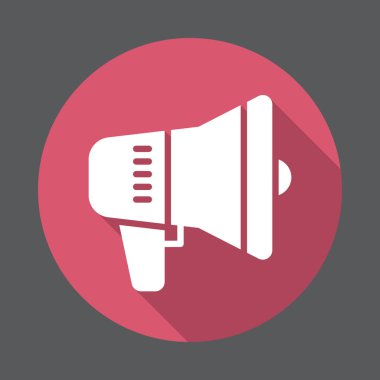 Megafon megafon hoparlör düz simgesi. Yuvarlak renkli düğmesini, reklam dairesel vektör işareti uzun gölge etkisi ile. Düz stil tasarım