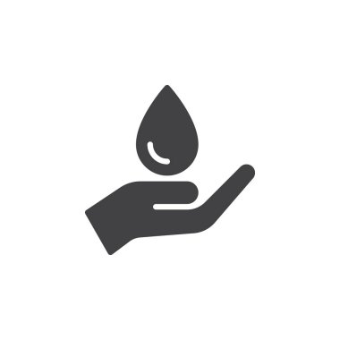 Su damla simge vektör, dolu düz işareti, üzerinde beyaz izole katı piktogram tutan el. Sembol, logo illüstrasyon. Piksel mükemmel