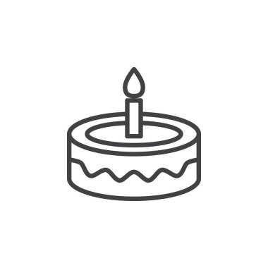 Fantezi Doğum günü pasta satırı simgesi, vektör işareti, anahat üzerinde beyaz izole doğrusal stil piktogram. Sembol, logo illüstrasyon. Düzenlenebilir inme. Piksel mükemmel