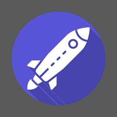 Roket, başlangıç düz simgesi. Renkli düğme dairesel vektör uzun gölge efekti ile oturum açın. Düz stil tasarım