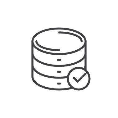 Veritabanı onay işareti satırı simgesi ile vektör işareti, anahat üzerinde beyaz izole doğrusal stil piktogram. Sembol, logo illüstrasyon. Düzenlenebilir inme. Piksel mükemmel