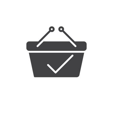 Alışveriş sepeti onay işareti simgesini vektör ile düz işareti, üzerinde beyaz izole katı piktogram dolu. Ücretli sembol, logo illüstrasyon. Piksel mükemmel