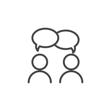 İşbirliği, görüşme hattı simgesi, Anahat vektör işareti üzerinde beyaz izole doğrusal stil piktogram. Sohbet, forum simgesi, logo illüstrasyon. Düzenlenebilir inme. Piksel mükemmel