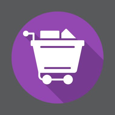 Alışveriş sepeti düz simgesi yüklü. Renkli düğme dairesel vektör uzun gölge efekti ile oturum açın. Düz stil tasarım