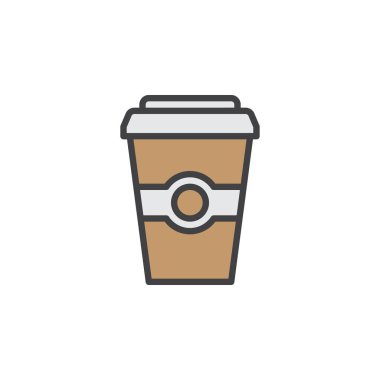 Kahve kağıt bardak dolu anahat simgesini, çizgi vektör işareti, üzerinde beyaz izole doğrusal renkli sembol. Sembol, logo illüstrasyon. Piksel mükemmel