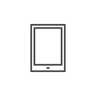 Tablet bilgisayar hattı kutsal kişilerin resmi, vektör işareti, anahat üzerinde beyaz izole doğrusal stil piktogram. Sembol, logo illüstrasyon. Düzenlenebilir inme. Piksel mükemmel