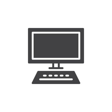 Masaüstü bilgisayar, iş istasyonu simge vektör, düz işareti, üzerinde beyaz izole katı piktogram dolu. Çalışma alanı simgesi, logo illüstrasyon. Piksel mükemmel