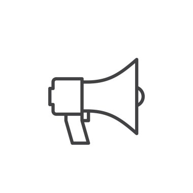 Megafon, megafon satırı simgesi, Anahat vektör işareti üzerinde beyaz izole doğrusal stil piktogram. Duyuru simgesi, logo illüstrasyon. Düzenlenebilir inme. Piksel mükemmel