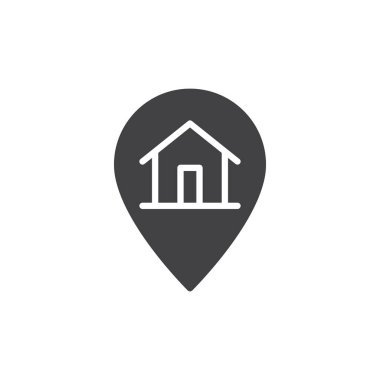 Harita işaretçi simge vektör, evde düz işareti, üzerinde beyaz izole katı piktogram dolu. Sembol, logo illüstrasyon teslim sipariş. Piksel mükemmel