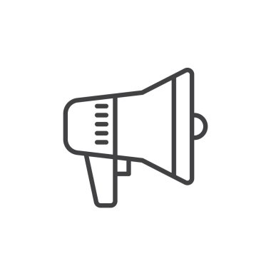 Megafon megafon hoparlör satırı simgesi, vektör işareti, anahat üzerinde beyaz izole doğrusal stil piktogram. Reklam sembol, logo illüstrasyon. Düzenlenebilir inme. Piksel mükemmel