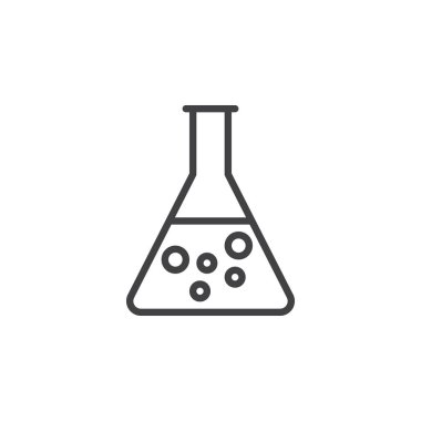 Flask, kabı satırı simgesi, Anahat vektör işareti üzerinde beyaz izole doğrusal stil piktogram. Kimyasal laboratuvar cam simgesi, logo illüstrasyon. Düzenlenebilir inme. Piksel mükemmel