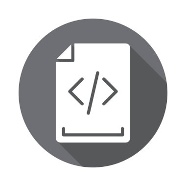 Kaynak kodu düz simgesi. Renkli düğme dairesel vektör uzun gölge efekti ile oturum açın. Düz stil tasarım