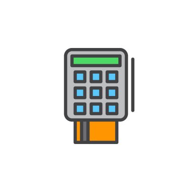 Kredi kartı terminal hattını simgesi, doldurulmuş Anahat vektör işareti, üzerinde beyaz izole doğrusal renkli sembol. Sembol, logo illüstrasyon. Düzenlenebilir inme. Piksel mükemmel