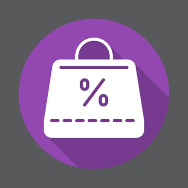 Alışveriş çantası yüzde ile düz simgesi imzala. Renkli düğme dairesel vektör uzun gölge efekti ile oturum açın. Düz stil tasarım