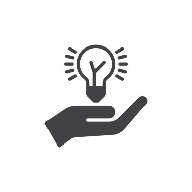 Fikir ampul simge vektör, dolu düz işareti, üzerinde beyaz izole katı piktogram tutan el. Fikir sembolü, logo resim paylaşımı. Piksel mükemmel