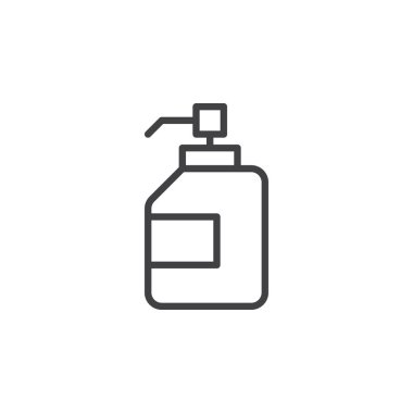 Antibakteriyel el dezenfektanı, dezenfeksiyon jel satırı simgesi, Anahat vektör işareti üzerinde beyaz izole doğrusal stil piktogram. Sembol, logo illüstrasyon. Düzenlenebilir inme. Piksel mükemmel