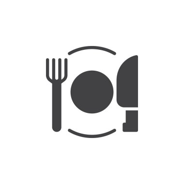 Çanak çatal ve bıçak simge vektör, dolu düz işareti, üzerinde beyaz izole katı piktogram. Gümüş sembolü, logo illüstrasyon. Piksel mükemmel