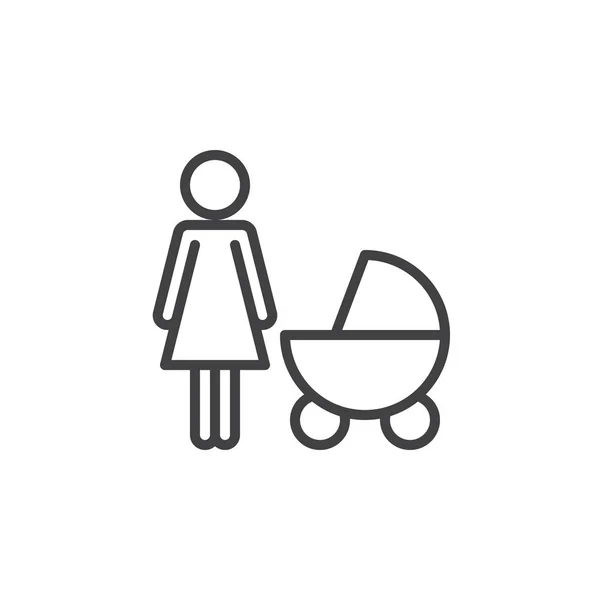 Anne Bebek Çocuk Arabası Satırı Simgesi Ile Vektör Işareti Anahat — Stok Vektör