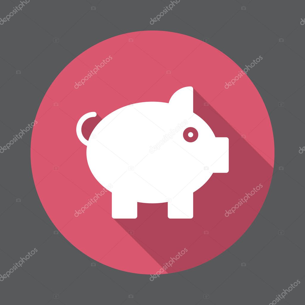 Pig, Piggy bank flat icon. Round colorful button, circular vector sign with long shadow effect. Flat style design