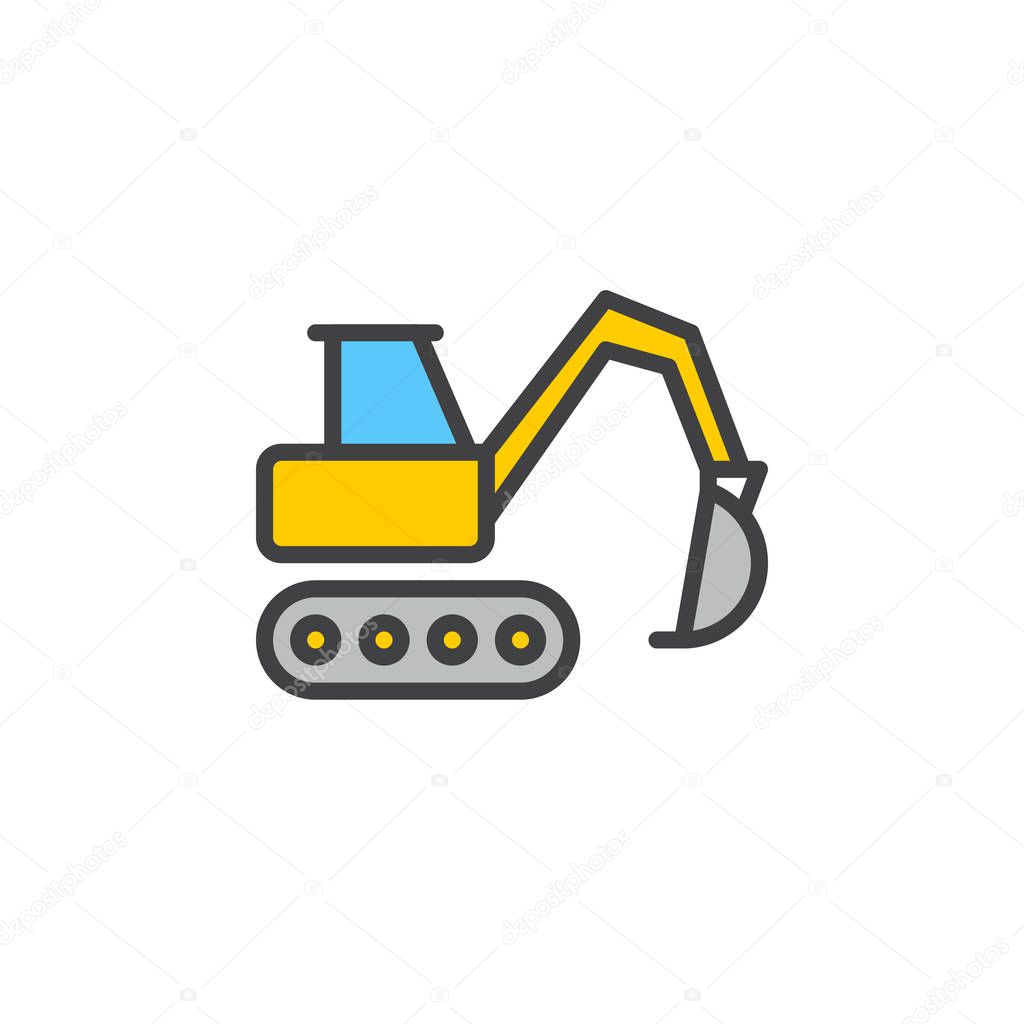 Excavator line icon, filled outline vector sign, linear colorful pictogram isolated on white. Heavy construction equipment symbol, logo illustration. Editable stroke. Pixel perfect