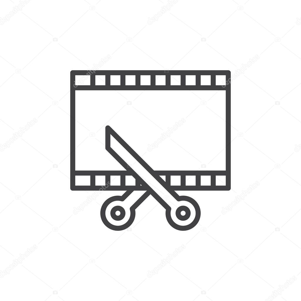 Film and scissors, video trim line icon, outline vector sign, linear style pictogram isolated on white. Symbol, logo illustration. Editable stroke. Pixel perfect