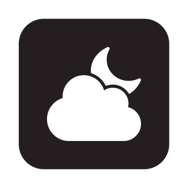 Bulut ve ay düz simgesi, dolgulu vektör işareti, yuvarlatılmış kare düğmesini üzerinde beyaz izole renkli sembol. Fırtına ve yağmur gece hava sembolü, logo illüstrasyon. Düz tasarım, piksel mükemmel