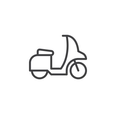 Motorlu scooter satırı simgesi, Anahat vektör işareti üzerinde beyaz izole doğrusal stil piktogram. Sembol, logo illüstrasyon. Düzenlenebilir inme. Piksel mükemmel