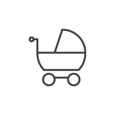 Bebek arabası, çocuk arabası satırı simgesi, Anahat vektör işareti üzerinde beyaz izole doğrusal stil piktogram. Sembol, logo illüstrasyon. Düzenlenebilir inme. Piksel mükemmel