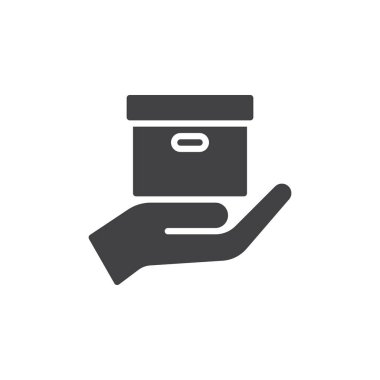 Parsel, teslimat hizmeti simge vektör, tutan el düz işareti, üzerinde beyaz izole karakter stili piktogram dolu. Sembol, logo illüstrasyon. Piksel mükemmel