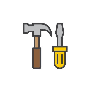 Araçlar, çekiç ve tornavida doldurulmuş anahat simgesini, çizgi vektör işareti, üzerinde beyaz izole doğrusal stil piktogram. Hizmet sembolü, logo illüstrasyon. Düzenlenebilir inme. Piksel mükemmel