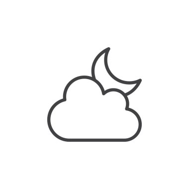 Bulut ve satır kutsal kişilerin resmi, vektör işareti, anahat ay üzerinde beyaz izole doğrusal stil piktogram. Fırtına ve yağmur gece hava sembolü, logo illüstrasyon. Düzenlenebilir inme. Piksel mükemmel